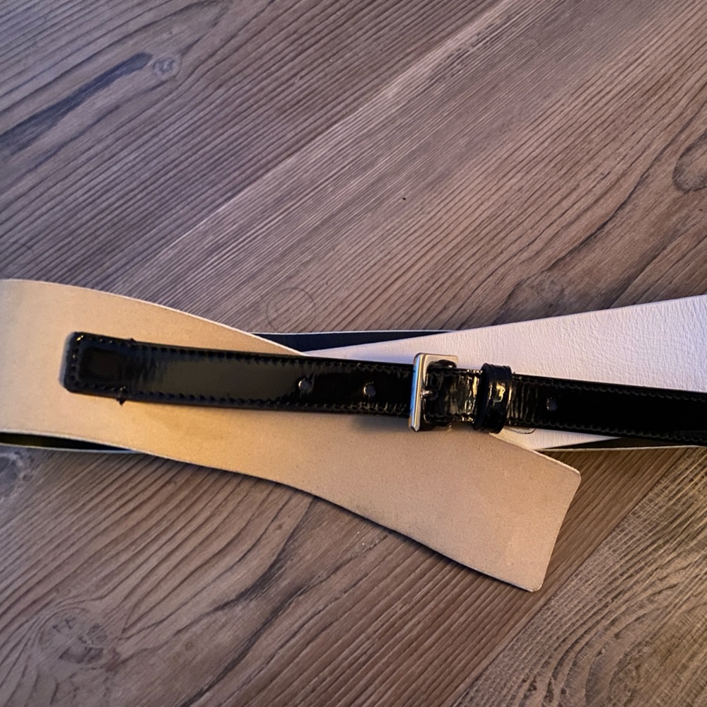 CALVIN KLEIN VTG white leather, tan suede,black patent  gold buckle Thick Belt S